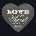 Black Chalkboard Love is Sweet Wedding Hart Sticker<br><div class="desc">Whimsical-favoriete stickers in een hartvorm met de titel "Love is Sweet",  met een monogram van de bruid- en bruidsnamen en de trouwdatum en met een zachte witte krijt op een rustige zwarte bordachtergrond met een getextureerde look.</div>