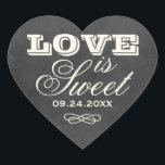 Black Chalkboard Love is Sweet Wedding Hart Sticker<br><div class="desc">Whimsical-favoriete stickers in een hartvorm met de titel "Love is Sweet",  met een monogram van de bruid- en bruidsnamen en de trouwdatum en met een zachte witte krijt op een rustige zwarte bordachtergrond met een getextureerde look.</div>