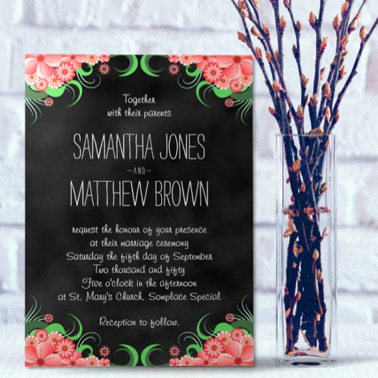 Black Chalkboard Pink Floral Wedding Kaart
