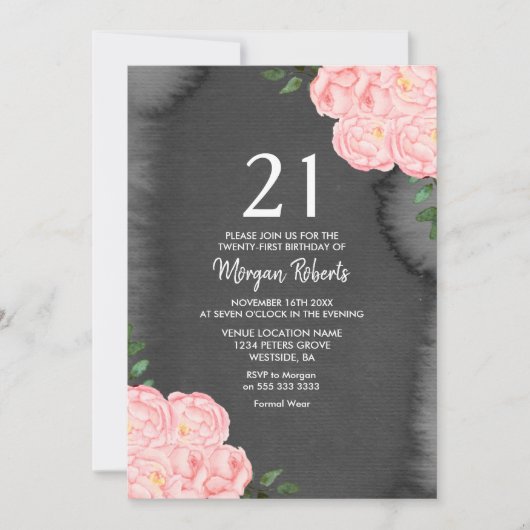 Black Chalkboard roze Rose 21st Birthday Invite Kaart (Voorkant)