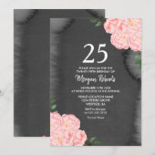 Black Chalkboard roze Rose 25th Birthday Invite Kaart (Voorkant / Achterkant)