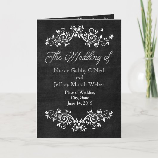 Black Chalkboard Rustic White Flourishes Wedding Programma (Voorkant)