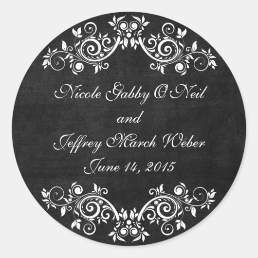Black Chalkboard Rustic White Flourishes Wedding Ronde Sticker (Voorkant)