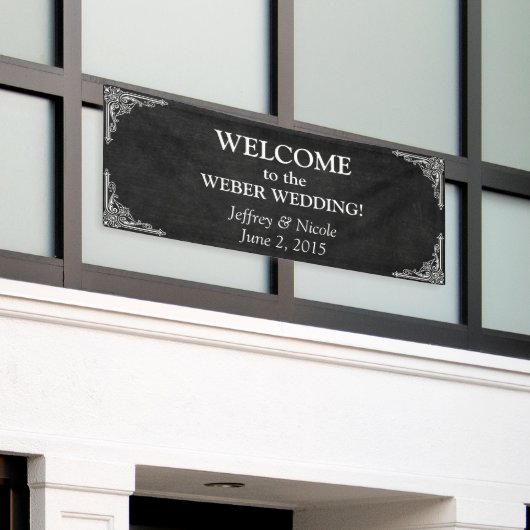 Black Chalkboard Rustic White Flourishes Wedding Spandoek (Buitenkant Gebouw)