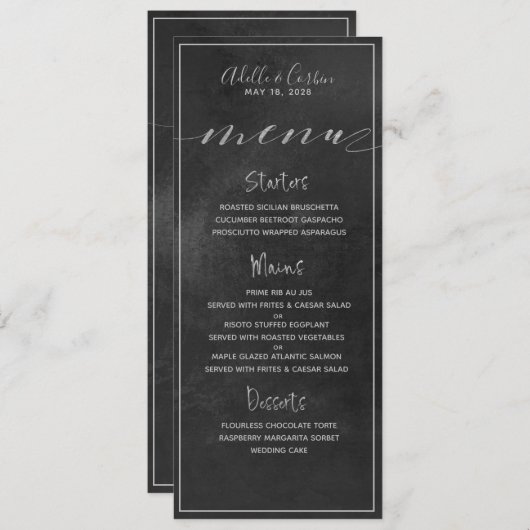 Black Chalkboard Silver Swash Calligraphy Wedding Menu (Voorkant / Achterkant)