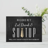 Black Chalkboard Suit-up Will you be my groomsman Kaart (Staand voorkant)