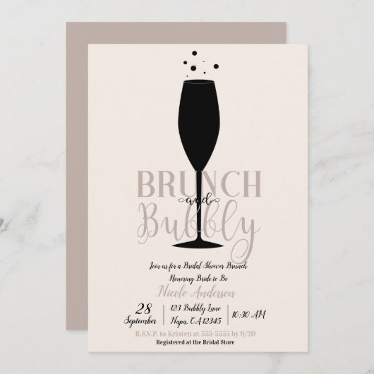 Black Champagne Glass Brunch Bubble Bridal Brunch Kaart (Voorkant / Achterkant)