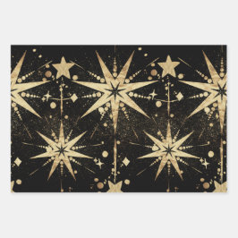 Black & Champagne Gold Starbursts & Stardust Inpakpapier Vel