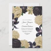 Black & Champagne Photo/QR Code Floral Wedding Kaart (Voorkant)