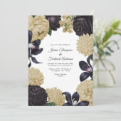 Black & Champagne Photo/QR Code Floral Wedding Kaart (Staand voorkant)