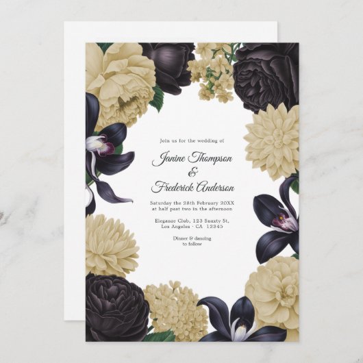 Black & Champagne Photo/QR Code Floral Wedding Kaart (Voorkant / Achterkant)