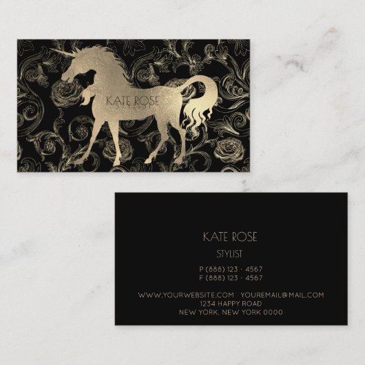 Black Champaign Gold Floral Unicorn Rozen Garden Visitekaartje (Voorkant / Achterkant)