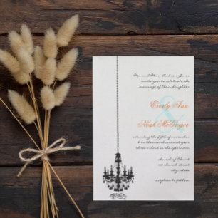 Black Chandelier Coral Turquoise Damask Wedding Kaart