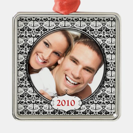 Black Chandelier Damask Photo-kerstversiering Metalen Ornament (Voorkant)