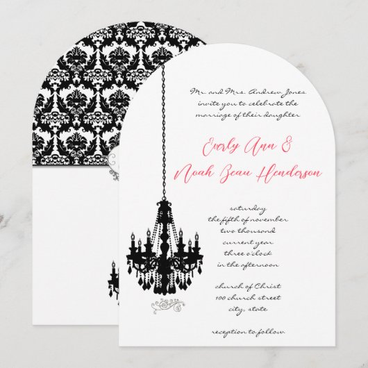 Black Chandelier Damask Wedding Invitations Kaart (Voorkant / Achterkant)