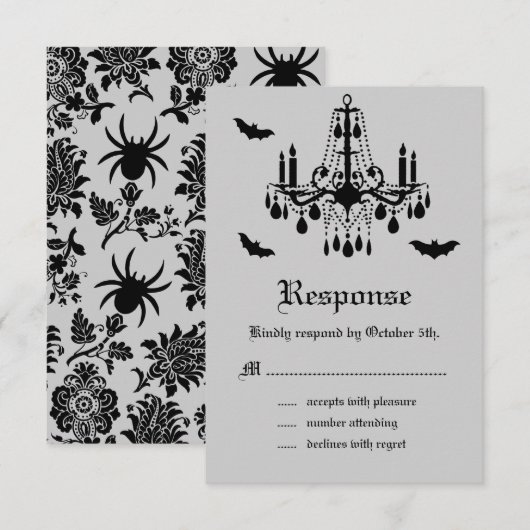 Black Chandelier en Damask RSVP Kaartje (Voorkant / Achterkant)