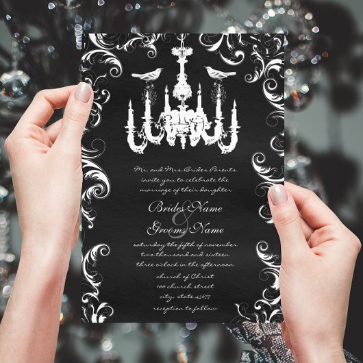 Black Chandelier Love Bird Wedding Invitation Kaart