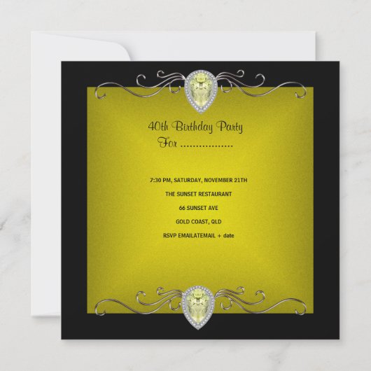 Black Chartreuse Gold 40th Birthday Party Kaart (Achterkant)