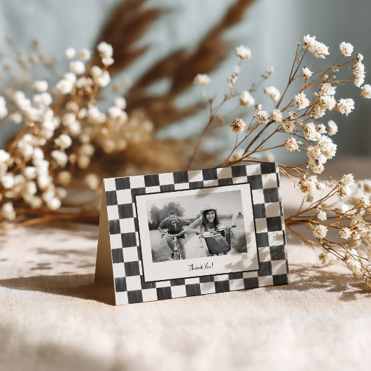 Black Checkerboard Personalized Photo Bedankkaart