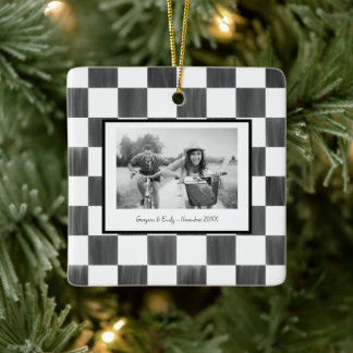 Black Checkerboard Personalized Photo Keramisch Ornament