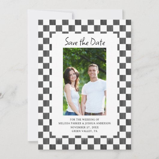 Black Checkerboard Photo Save the Date Kaart (Voorkant)