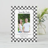 Black Checkerboard Photo Save the Date Kaart (Staand voorkant)