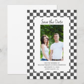 Black Checkerboard Photo Save the Date Kaart (Voorkant / Achterkant)