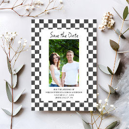 Black Checkerboard Photo Save the Date Kaart