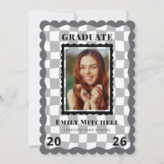 Black Checkered Grad Announcement with Photo Kaart