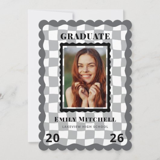 Black Checkered Grad Announcement with Photo Kaart (Voorkant)