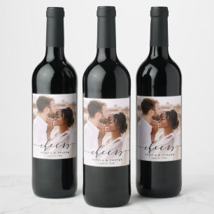 Black Cheers Elegant Calligraphy Wedding Photo Wijn Etiket
