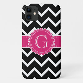 Black Chevron Hot Pink Flower Monogram zwart Case-Mate iPhone Case