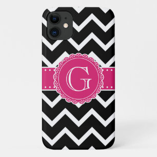 Black Chevron Hot Pink Flower Monogram zwart Case-Mate iPhone Case