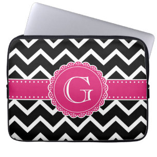 Black Chevron Hot Pink Flower Monogram zwart Laptop Sleeve