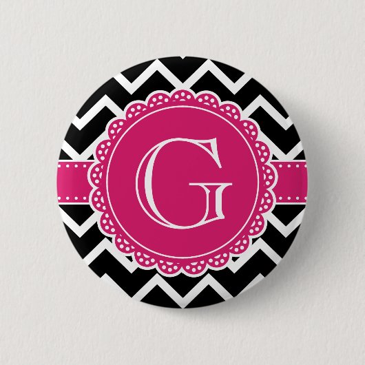Black Chevron Hot Pink Flower Monogram zwart Ronde Button 5,7 Cm (Voorkant)