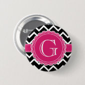 Black Chevron Hot Pink Flower Monogram zwart Ronde Button 5,7 Cm (Voorkant /achterkant)