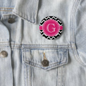 Black Chevron Hot Pink Flower Monogram zwart Ronde Button 5,7 Cm (In situ)