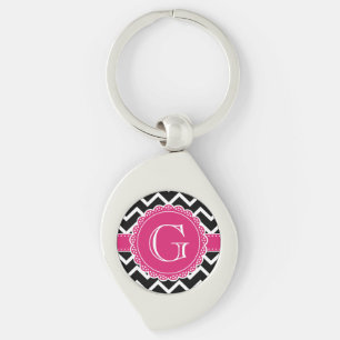 Black Chevron Hot Pink Flower Monogram zwart Sleutelhanger