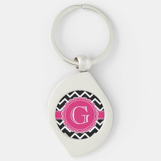 Black Chevron Hot Pink Flower Monogram zwart Sleutelhanger (Voorkant)