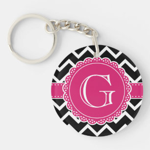Black Chevron Hot Pink Flower Monogram zwart Sleutelhanger