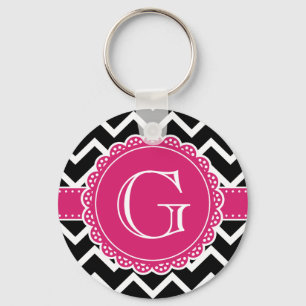 Black Chevron Hot Pink Flower Monogram zwart Sleutelhanger