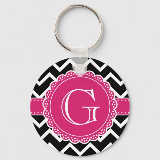 Black Chevron Hot Pink Flower Monogram zwart Sleutelhanger (Voorkant)
