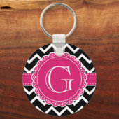 Black Chevron Hot Pink Flower Monogram zwart Sleutelhanger (Voorkant)