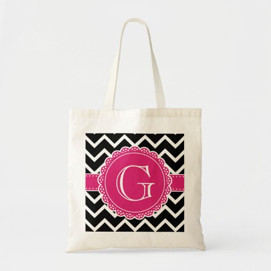 Black Chevron Hot Pink Flower Monogram zwart Tote Bag (Voorkant)