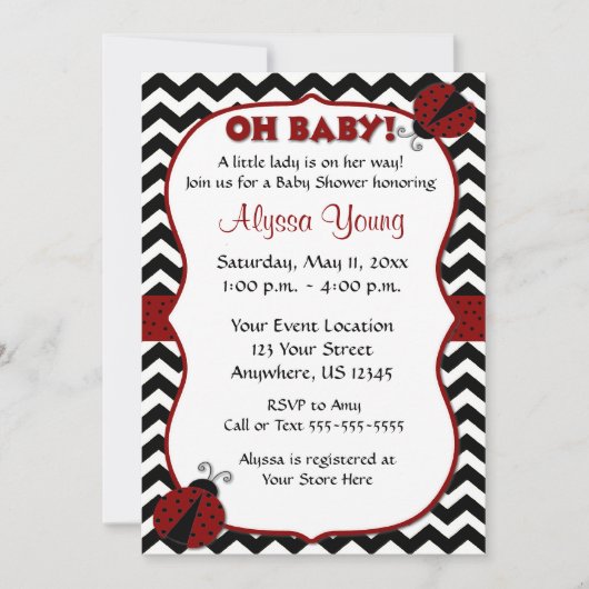 Black Chevron Ladybug Baby shower nodigt uit Kaart (Voorkant)