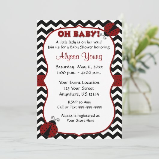 Black Chevron Ladybug Baby shower nodigt uit Kaart (Staand voorkant)