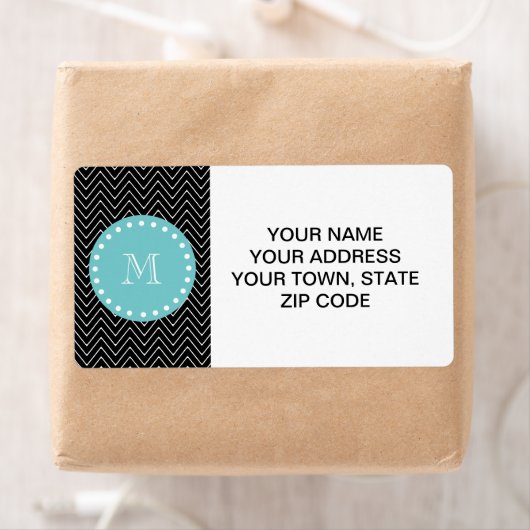 Black Chevron Pattern | Blauwgroen monogram Etiket (Insitu)