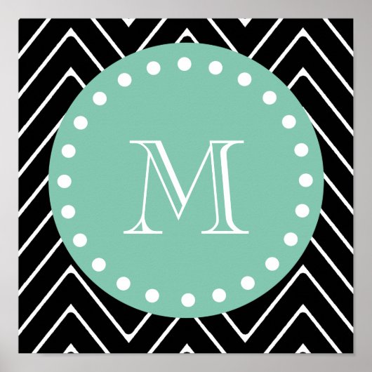 Black Chevron Pattern | Munt Green Monogram Poster (Voorkant)