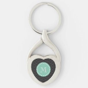 Black Chevron Pattern   Munt Green Monogram Sleutelhanger