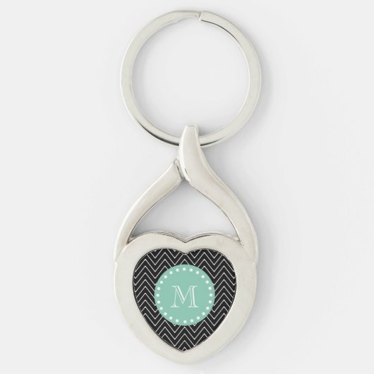 Black Chevron Pattern | Munt Green Monogram Sleutelhanger (Voorkant)